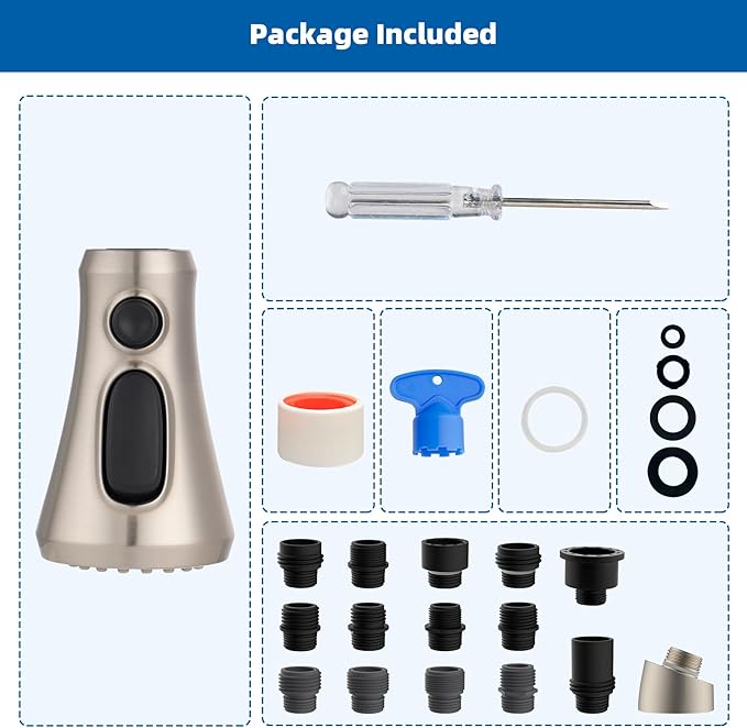 Hibbent Pull Down Kitchen Faucet Head Replacement, 3-Function Kitchen Faucet Head Sink Spray Nozzle with 15 Adapters Compatible with Moen, American Standard, Delta, Kohler Faucets, Brushed Nickel