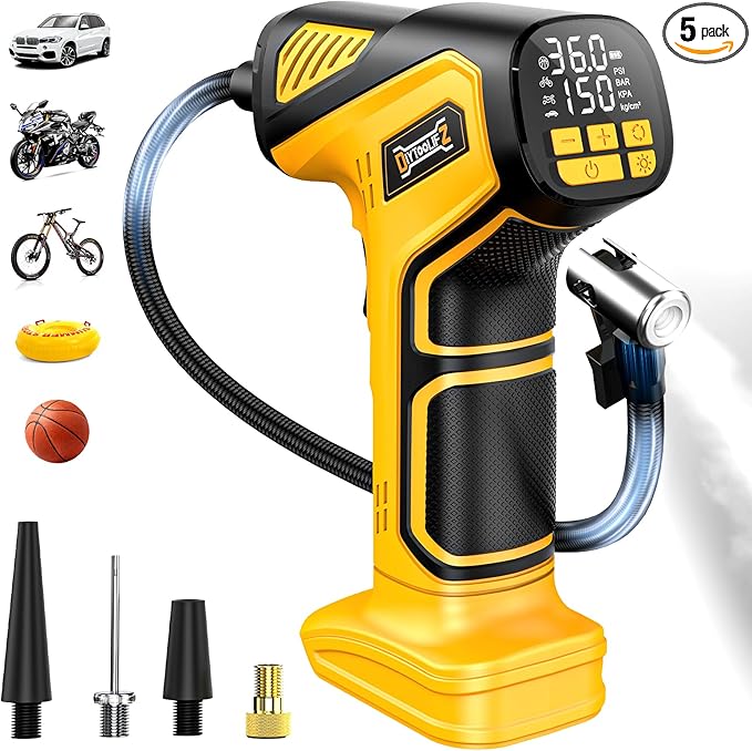 150PSI Tire Inflator Portable Air Compressor: Cordless Air Pump Compatible with Dewalt 20V Battery - Car Tire Pump with Digital Pressure Gauge & LED Light for Auto, Motorcycles(Bare Tool)