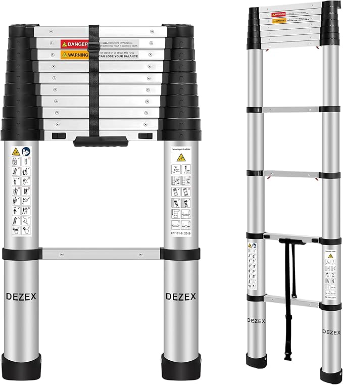 10.5 FT Aluminum Telescoping Ladders - One-Button Retraction Collapsible Extension Ladder for Home,RV,Attic & Loft, Lasts 330 LBS with Non-Slip Cushions