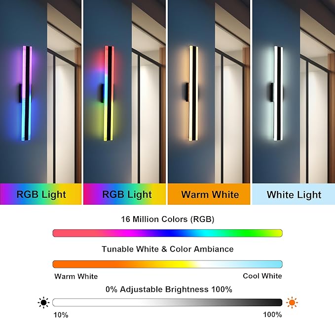 TODOLUZ 2-Pack 32-Inch Outdoor RGB Wall Light Fixture, IP65 Waterproof 21W LED Linear Porch Wall Sconce Lighting with Remote Control for Enterway Patio Garage