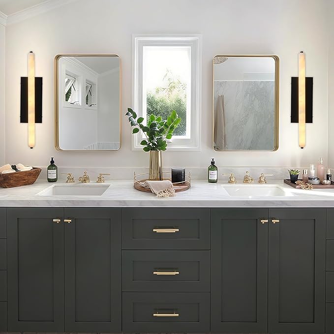 Alabaster Wall Sconces Set of Two, 25in Black Alabaster Sconce, Modern Spanish Natural Marble Sconces Lights, Rectangle Sconces for Bathroom Vanity Bedroom Living Room Staircases Hallway