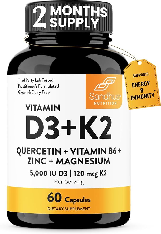 Sandhu's Vitamin D3 K2 Magnesium 5000 IU, 120mcg K2 Capsules 60 Count (Pack of 1) | with VIT B6, Zinc & Quercetin | D3K2 Supports Superior Absorption, Energy, Immune, Muscle Health for Men & Women