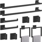 TQKAG Matte Black Bathroom Hardware Accessories Set 10 Pieces, 23.6" SUS304 Stainless Steel Towel Bar Set Wall Mounted Includes Single Towel Bar, Towel Ring, Toilet Paper Holder, Double Towel Hooks