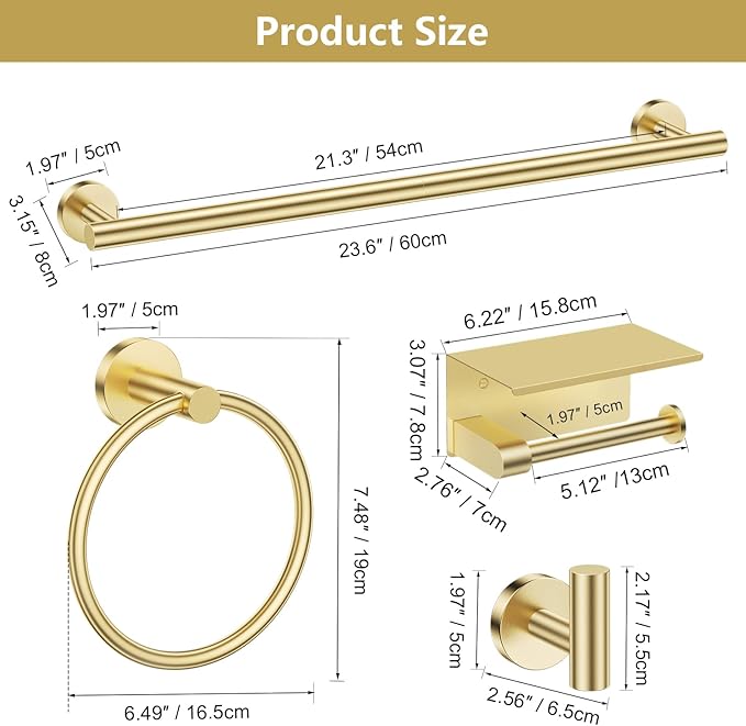 TQKAG 5 Piece Bathroom Towel Bar Holder Sets Brushed Gold Bathroom Hardware Set Stainless Steel Toilet Paper Holder with Shelf Bathroom Accessories Kit Wall Mounted