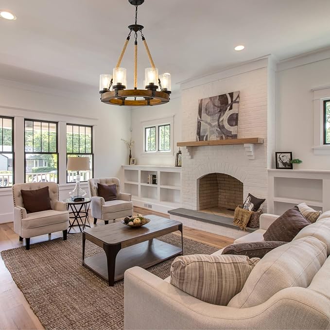 Rustic 6 Light Wagon Wheel Chandelier, Round Wood Pendant Light with Seeded Glass Shade, Farmhouse Chandeliers for Dining Room Kitchen Island Foyer Entryway