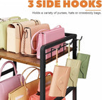 Purse Storage Organizer for Women, 3-Tier Max Purse Storage Stand Rack Holder & Bag Shelf for Closet,12 Fixed Hooks& 3 Side Hooks,Keeping Purses Visible,Purse Display & Bag Organizer for Various Bags