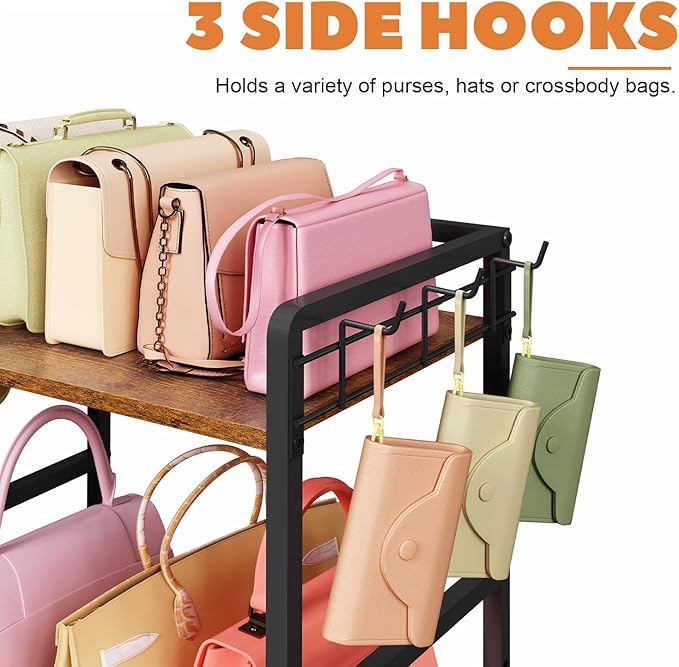 Purse Storage Organizer for Women, 3-Tier Max Purse Storage Stand Rack Holder & Bag Shelf for Closet,12 Fixed Hooks& 3 Side Hooks,Keeping Purses Visible,Purse Display & Bag Organizer for Various Bags