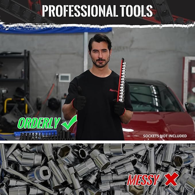 Magnetic Socket Organizer, 3-Piece Heavty Duty Aluminum Socket Holder, Socket Rail for Tool Box, Premium Quality 360° Swivel Socket Rack Kit with 40 Clips for 1/2, 3/8, 1/4-Inch(Red)