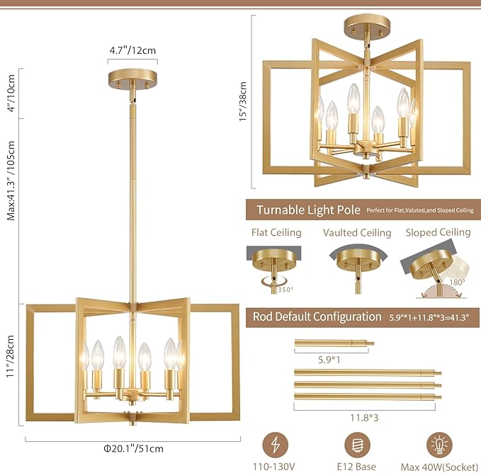Gold Chandelier Modern Geometric 6-Light, Farmhouse Dining Room Light Fixture Over Table Kitchen Island Lighting Fixtures Metal Hanging Pendant Lighting, E12