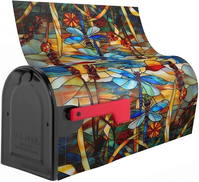 Stained Glass Dragonfly Mailbox Covers Fall Mail Box Post Wrap Magnetic Large Size 25.5 X 21 Floral Spring Summer Mailing Boxes Seasonal Decorations for Autumn Thanksgiving Decor