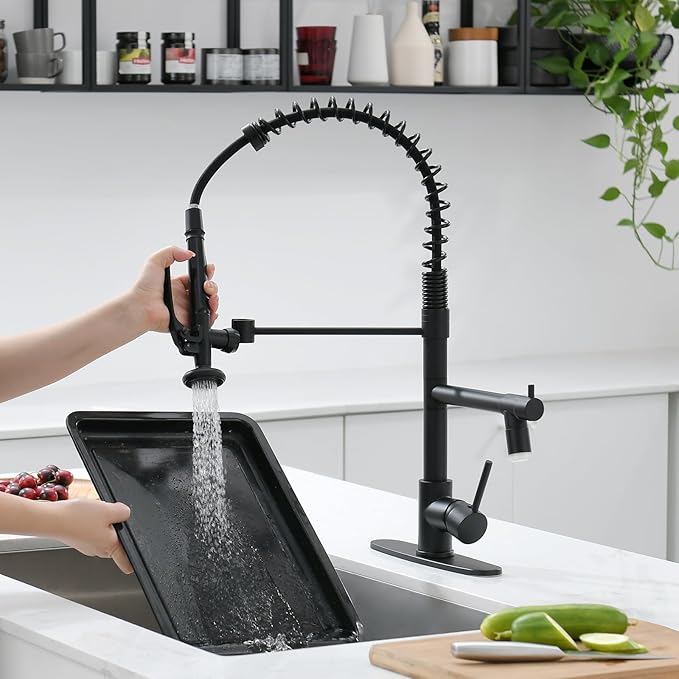 Fapully LED Kitchen Faucet with Pull Down Sprayer,Commercial Matte Black Kitchen Sink Faucet with Deck Plate