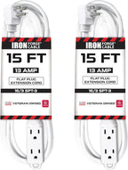 Iron Forge Cable 2 Pack 15 ft Flat Plug White Extension Cord with 3 Outlets - 16/3 SJTW 3 Prong Indoor Extension Cord with Multiple Outlets