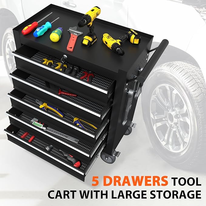 5-Drawer Rolling Tool Chest, Tool Box with 4 Wheels and Drawers, High Capacity Detachable Mobile Tool Storage Cabinet for Garage, Workshop, Mechanics and Repair Room (Black)