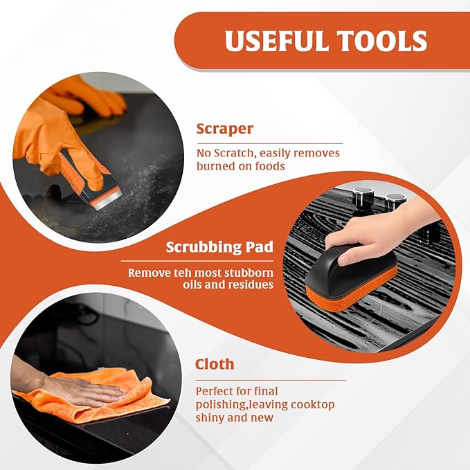 Glass Stove Top Cleaner Kit 12 oz, Cooktop Cleaner and Polish Non-Abrasive No Scratch Removes Tough Stains, with Scrubbing Pad, Handle, Scraper, Cloth