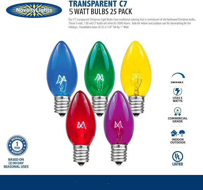 Novelty Lights 500 Case C7 Outdoor Christmas Replacement Bulbs, Teal, C7/E12 Candelabra Base, 5 Watt, 500 Bulbs