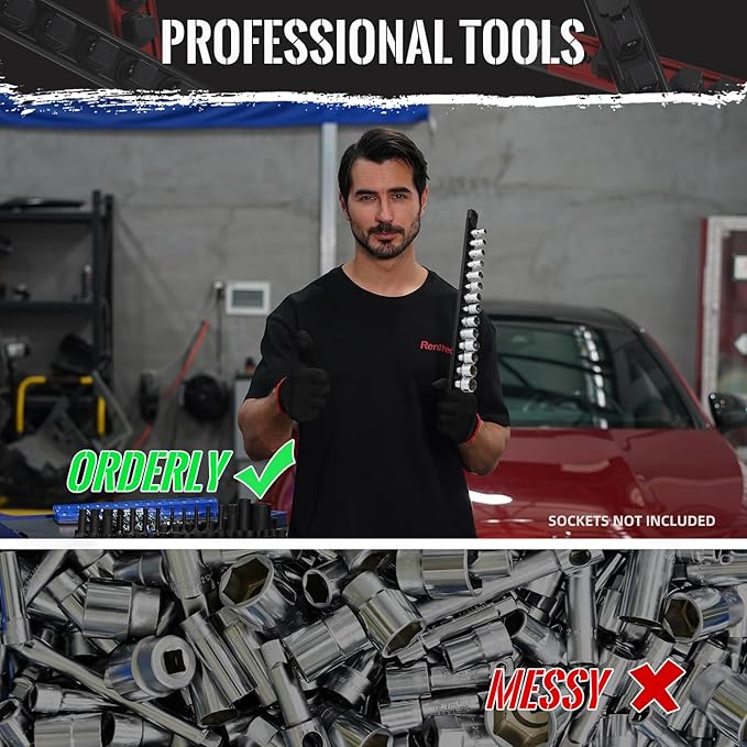 Magnetic Socket Organizer, 6-Piece Heavty Duty Aluminum Socket Holder, Socket Rail for Tool Box, Premium Quality 360° Swivel Socket Rack Kit with 80 Clips for 1/2, 3/8, 1/4-Inch(Black&Orange)