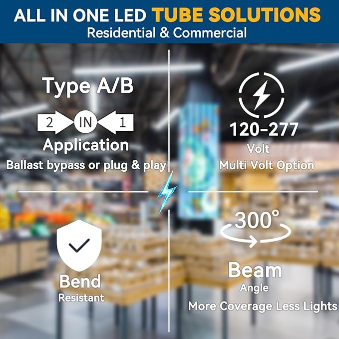 JESLED 24 Pack 4FT T8 LED Bulbs,18W 2400LM 5000K Led Tube Light,Plug and Play or Ballast Bypass,Hybrid Type A+B T10 T12 Fluorescent Bulbs Replacement,Single or Double End Powered,ETL