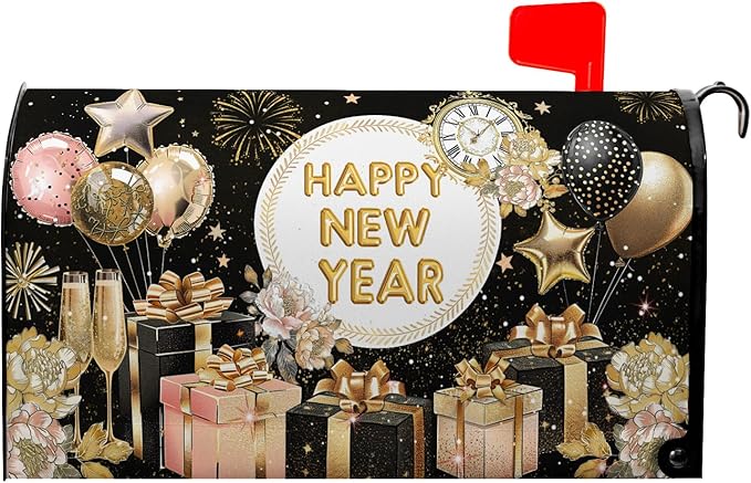 Happy New Year Mailbox Covers Magnetic Large Size 25.5 X 21 Inch Firework Balloon Mailbox Wraps Post Letter Box Cover Oversized Yard Garden Outdoor Decorations New Year Gift