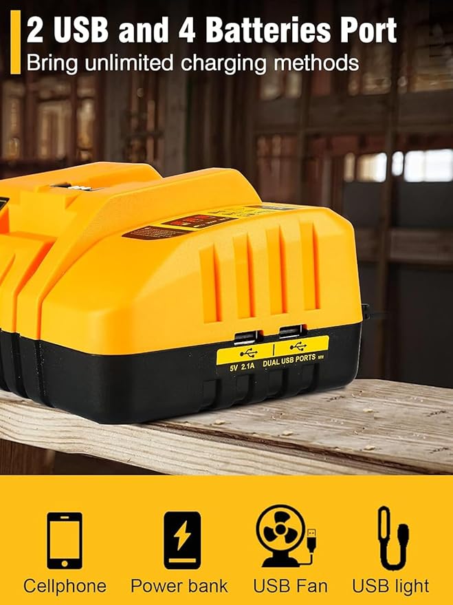 DCB104 20V MAX Battery Charger Replacement for Dewalt Battery Charger, 4 Port Multi Charger Station with 2 USB Ports, Compatible with Dewalt 12V-20V Batteries