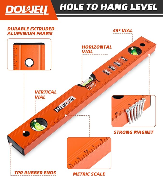 DOWELL 18 Inch Magnetic Spirit Level with Metric Scale, 3 Different Bubbles-45°/90°/180°, HY030661
