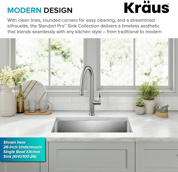 Kraus KHU101-21 Standart PRO 16 Gauge Undermount Single Bowl Set (4 Item Bundle: Sink, Bottom Grid, Drain Assembly, Kitchen Towel), 21 Inch, Stainless Steel