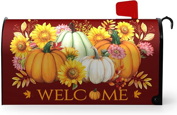 Fall Pumpkin Mailbox Cover Magnetic Autumn Sunflower Maple Leaves Mailbox Cover Standard Size 21 x 18 Inch Thanksgiving Welcome Post Box Covers Wraps Home Garden Decor for Outdoor