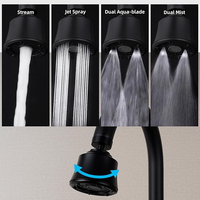 iFealClear Kitchen Sink Faucet Head with Metal Ball Joint, 360° Swivel Faucet Sprayer Head, Big Angle Faucet Aerator Adapter 55/64-27UNS Female Thread, 4 Spray Modes, Extra Brass Adapters, Matte Black