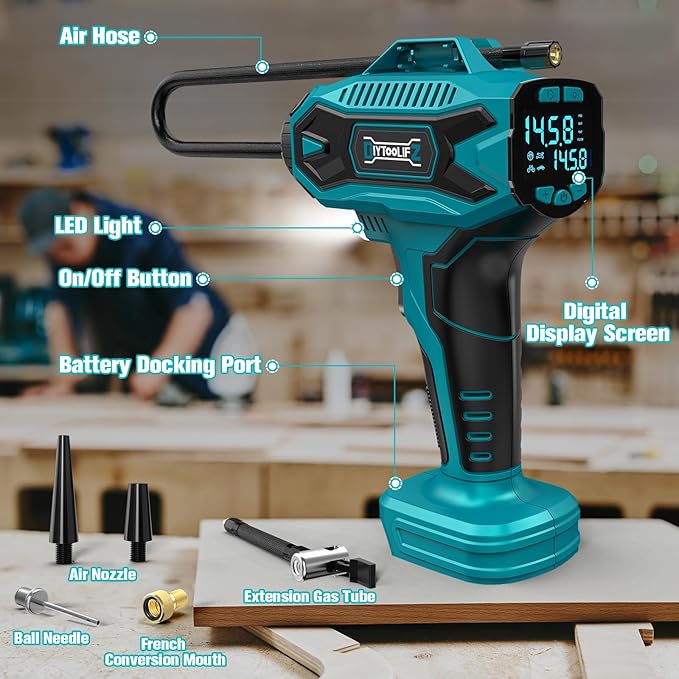Cordless Tire Inflator Air Compressor Compatible with Makita 18V Battery, 160PSI Portable Air Pump with Digital Pressure Gauge, Fast Inflation for Cars, Motorcycles, Bikes(Bare Tool)