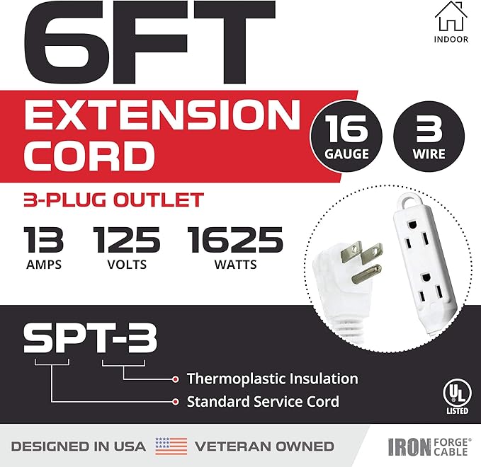 Iron Forge Cable 6 ft Flat Plug White Extension Cord with 3 Outlets - 16/3 SJTW 3 Prong Indoor Extension Cord with Multiple Outlets