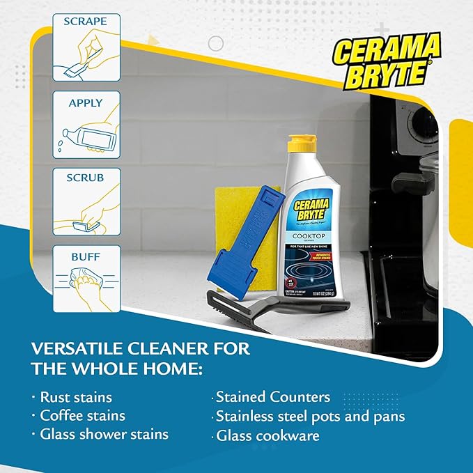 Cerama Bryte Glass Cooktop and Stove Top Cleaner Combo Kit - Includes Cleaning Tool, Razor, Scraper and 1 Pad to Remove Tough Stains - Use on Gas, Electric, Ceramic Surfaces, 18 Ounces, 4 Piece