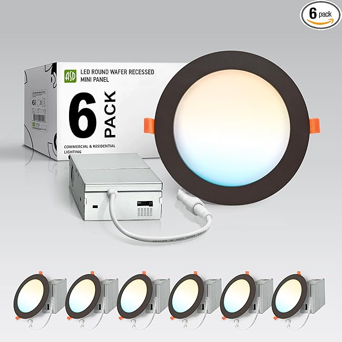 ASD 6 Pack LED Recessed Lighting 6 Inch 12W, 5 CCT 2700K-5000K CRI90+, IC Rated Ultra Thin Dimmable Ceiling Lights with J Box, Canless Wafer Downlight, Round Slim Panel Light, Energy Star ETL, Bronze
