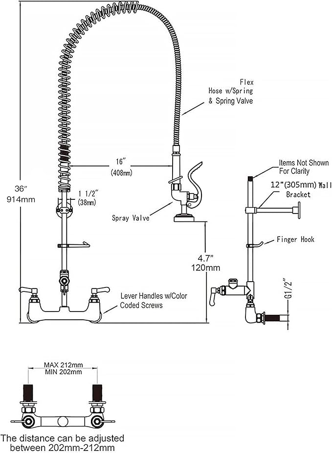 Commercial Faucet with Sprayer for Kitchen Staff: 36 Inches Commercial Faucet Pre Rinse Sprayer 8 inch Center Wall Mount Kitchen with 12 inch Add on Spout