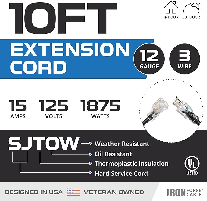Iron Forge Cable 12 Gauge Outdoor Extension Cord 10 Ft, SJTOW 12/3 Heavy Duty Extension Cord 3 Prong, Oil Resistant & Flame Retardant - Lighted End