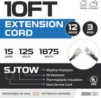 Iron Forge Cable 12 Gauge Outdoor Extension Cord 10 Ft, SJTOW 12/3 Heavy Duty Extension Cord 3 Prong, Oil Resistant & Flame Retardant - Lighted End