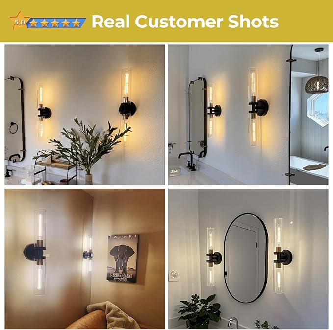 2 Pack 22-Inch Gold and Black Wall Sconces Set of Two, 22" Vanity Lights for Bathroom with Clear Glass, Sconces Hardwired Black and Gold Bathroom Sconces Set of 2 for Mirror Living Room