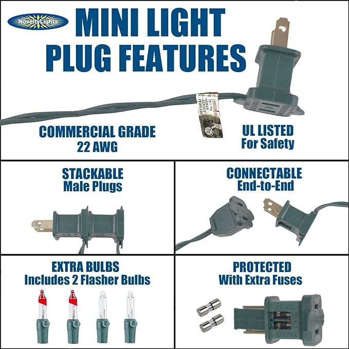 Novelty Lights 11 Feet 50 Bulbs Traditional Incandescent Mini Lights, Multicolor on Green Wire with 2.5" Spacing, Commercial Grade and UL Listed for Indoor/Outdoor Use, End-to-End Connectable