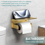 Toilet Paper Holder with Shelf Brushed Gold, APLusee SUS 304 Stainless Steel Modern Bathroom Accessories Tissue Roll Dispenser Storage