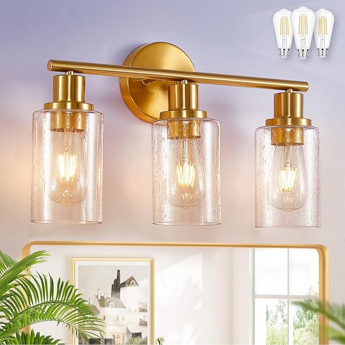 DLLT 3-Light Bathroom Light Fixtures: Gold Modern Vanity Wall Lights with E26 Bulbs - Bubbled Glass Shade Bathroom Wall Lamp for Mirror Kitchen Living Room Hallway Cabinet Porch