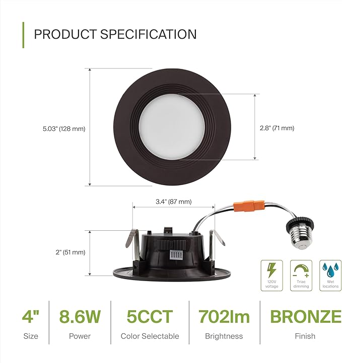 ASD Retrofit LED Recessed Lighting 4 Inch | 9W 700 Lm Wet Rated Dimmable Ceiling Downlights | 2700K-5000K Adjustable CRI90 Bronze Room Recessed Light Fixtures | LED Can Lights, UL 12 Pack