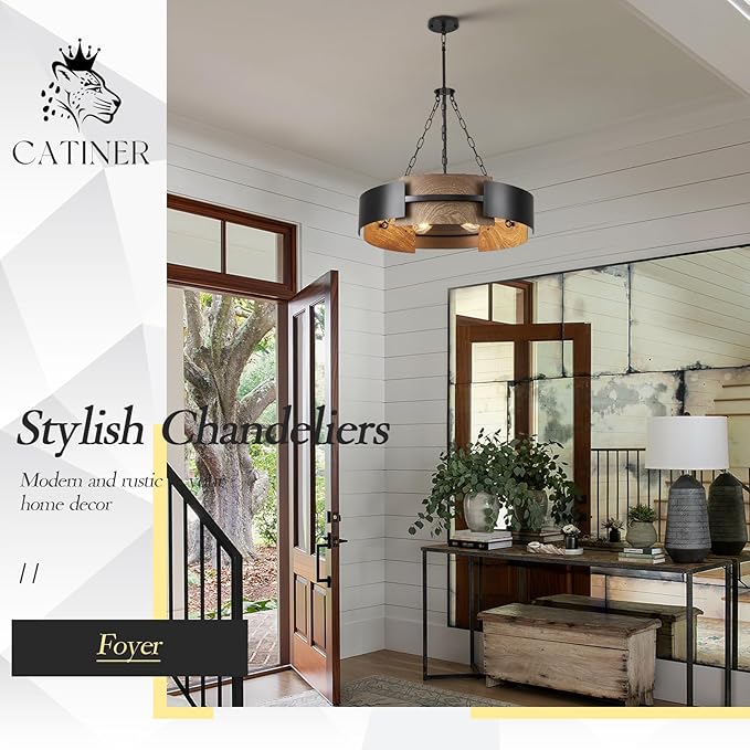 Modern Chandelier 24" Industrial Drum Light Fixture Black Metal 6-Light Hanging Chandelier Walnut Wood Grain for Living Dining Room Foyer Entryway Kitchen