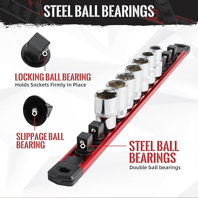 Magnetic Socket Organizer, 9-Piece Heavty Duty Aluminum Socket Holder, Socket Rail for Tool Box, Premium Quality 360° Swivel Socket Rack Kit with 120 Clips for 1/2, 3/8, 1/4-Inch(Multicolors)