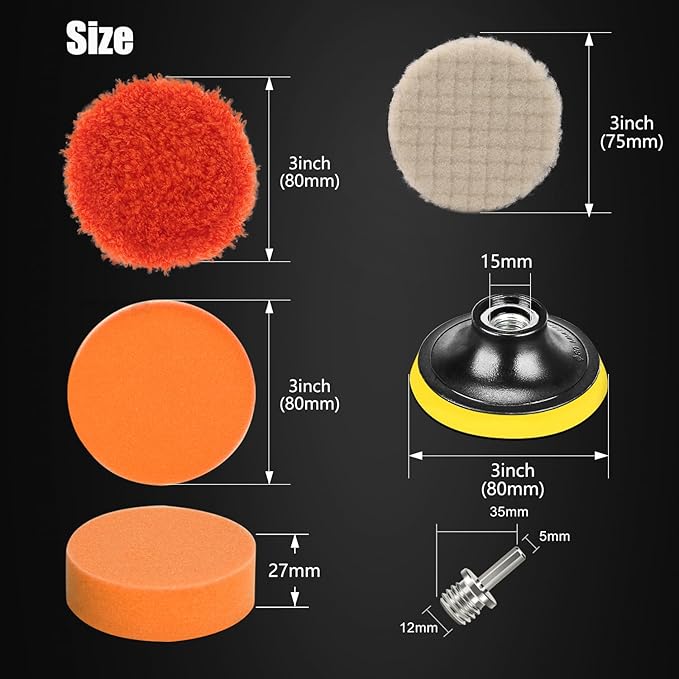 Drill Polishing Kit for Car, 3''(80mm) 32Pcs Car Foam Buffing Pads, Wool Pads Drill Buffing Pad, Wax Buffer Polisher Attachment with 5/8-11 Thread Backing pad & Adapters
