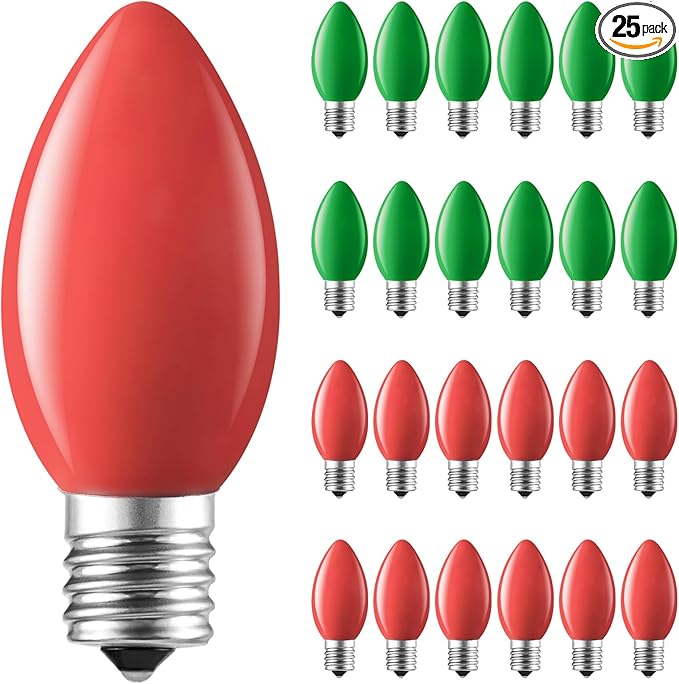 Brightown C9 LED Replacement Christmas Bulbs, 25 Pack Red and Green Shatterproof C9 Bulbs, Waterproof Commercial LED Holiday Bulb for Christmas String Light, E17 Intermediate Base, Dimmable
