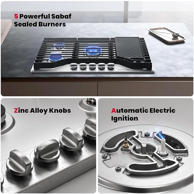 GASLAND Master 36 Inch Gas Cooktop with Griddle PRO GH3905SS1FC with 5 Burners,CSA certified, 120V Plug-in, NG/LPG Convertible