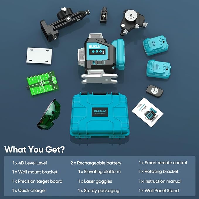 Elikliv Laser Level 360 Self Leveling, 200Ft Green Laser Level Lines Tool, 4x360° Cross Line Laser, Self Leveling Laser Level for Construction＆Picture Hanging, Rechargeable Batterie(16Hrs)