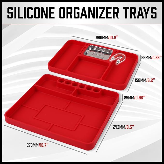 SEDY Premium Silicone Tool Tray, Automotive Non-Slip Flexible Silicone Tool Trays, Tool Organizer | 2 Piece Multi Purpose Mats with Magnetic Small parts Tray