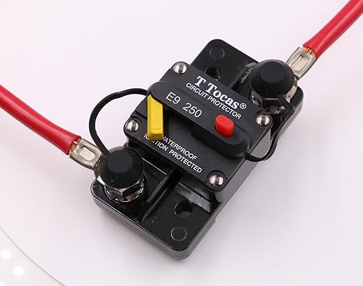 E9 250 Amp Circuit Breaker 12V - 48V DC with Manual Reset | UL Certified Waterproof IP67 | Surface Mount Switch Button with LED Indication 250A 3/8" Studs