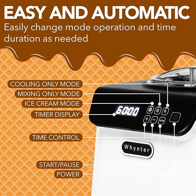 Whynter Ice Cream Maker Machine Automatic 1.28 Qt Upright with Built-in Compressor, LCD Digital Display & Timer, No Pre-Freezing, ICM-128WS, White