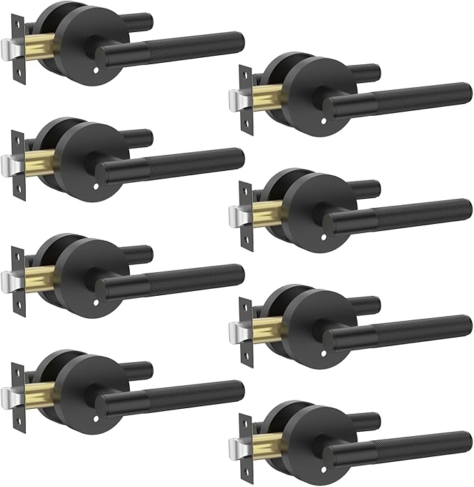 Amerdeco 8 Pack Matte Black Door Handles Interior, Knurled Privacy Door Handles with Lock,Heavy Duty Black Door Lever for Bedroom or Bathroom,Reversible Keyless for Left Right Handed Doors