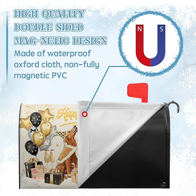 Happy New Year Magnetic Mailbox Covers 21x18 Inch Winter Dogs Balloon Holiday Post Mail Box Cover Standard Size for New Year Garden Outdoor Decor